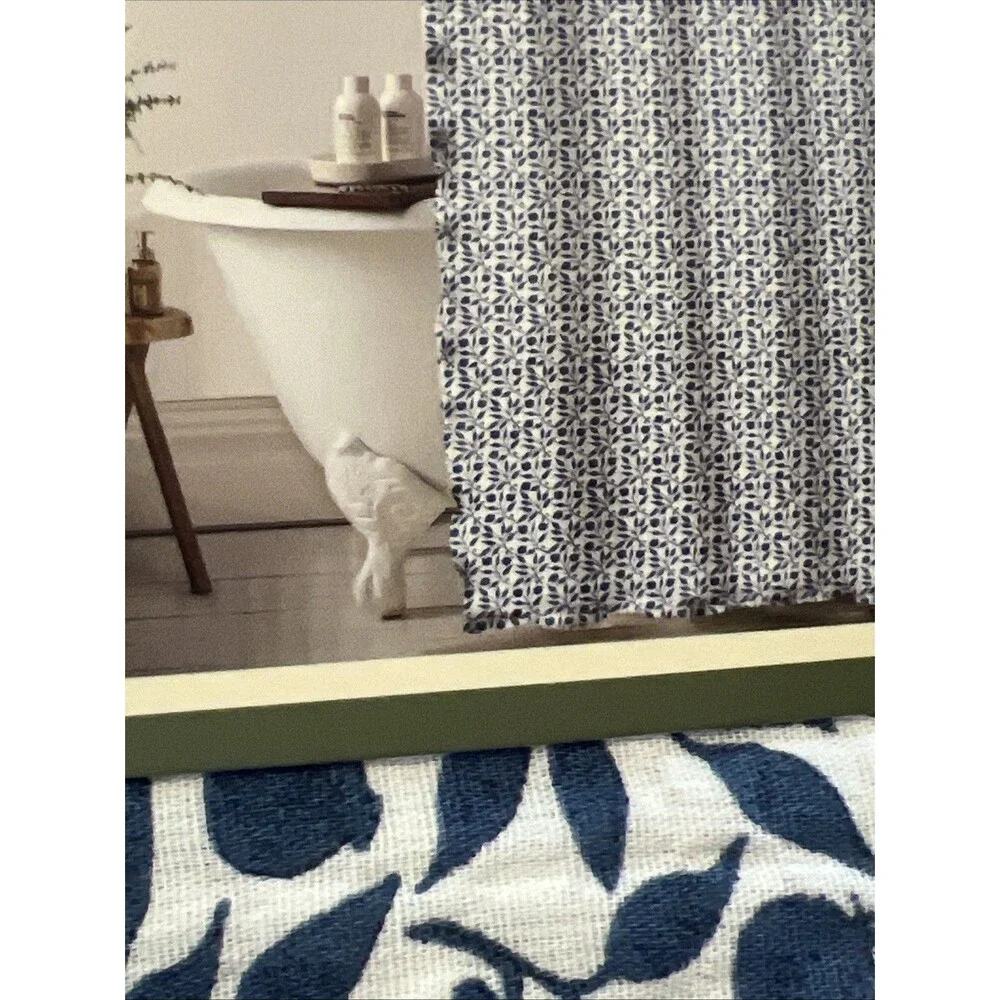 Morris & Co. Rosehip Shower Curtain Dark Blue White Cotton Gauze Ruffled Trim